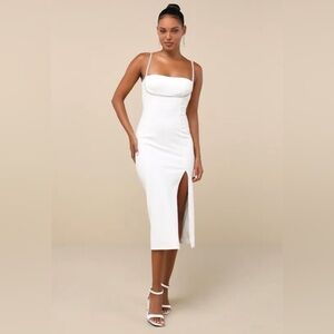 NWT lulus Upscale Flirt rhinestone detail front slit midi Ivory Dress XS